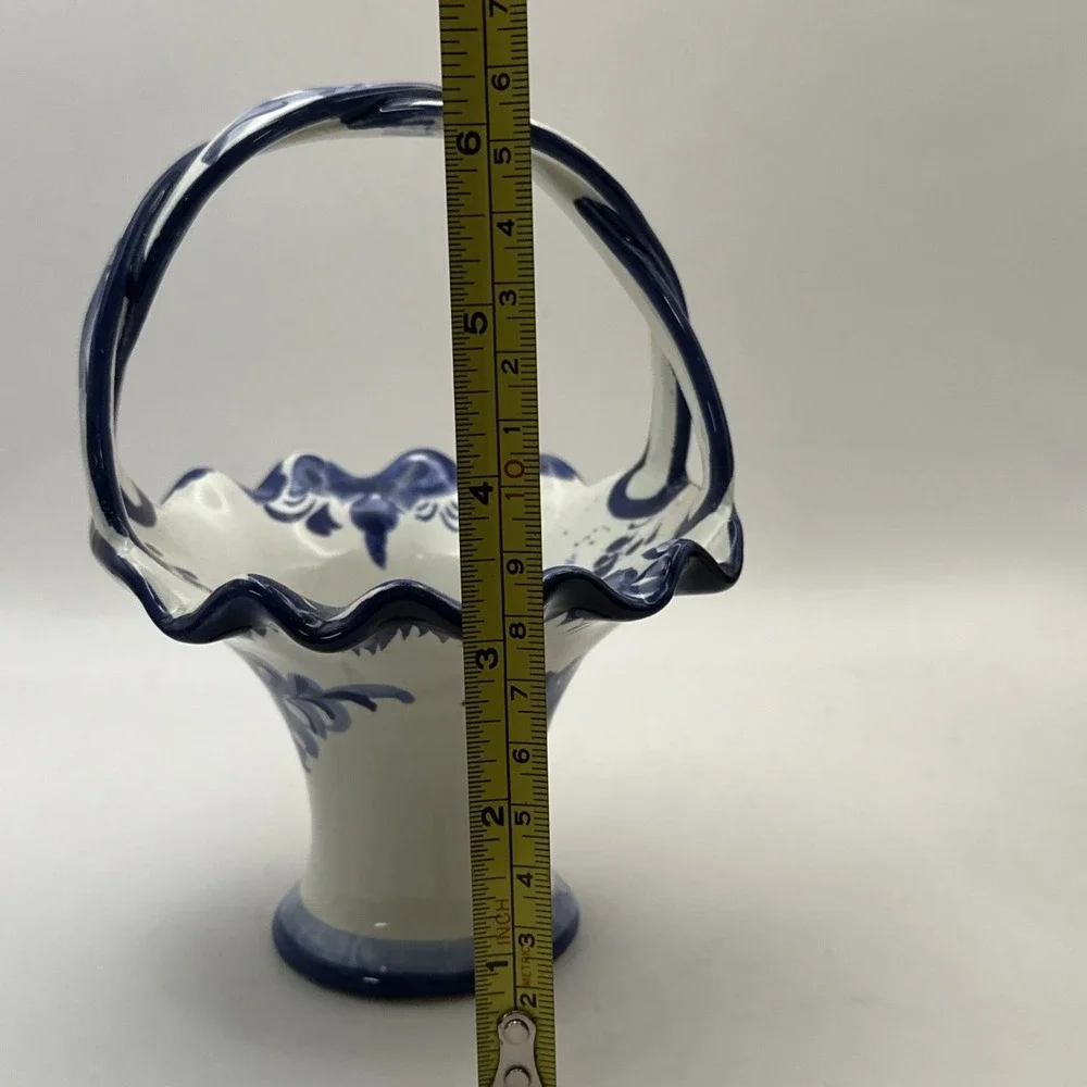Blue & White Ceramic Floral Basket Hand Painted Portugal Pottery 9